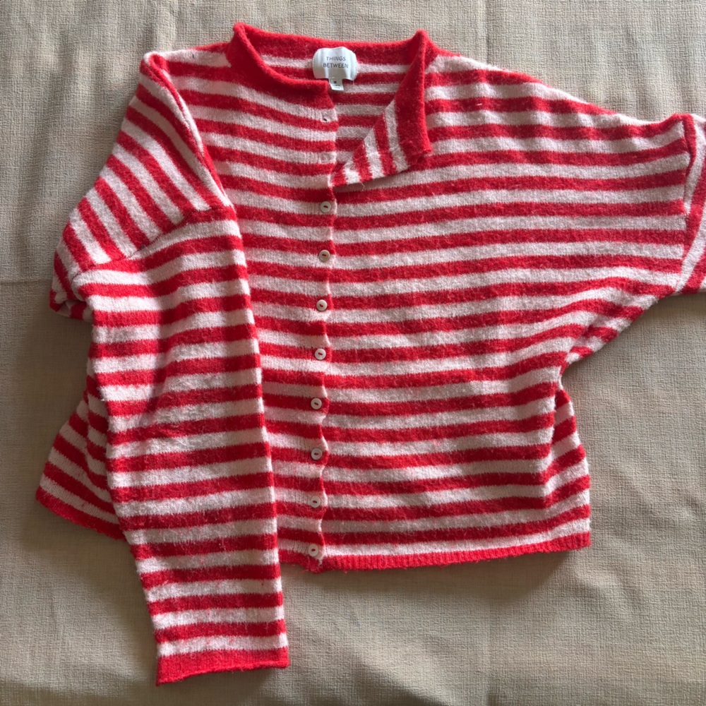 Striped Red and Cream Button-Front Cardigan Sweater